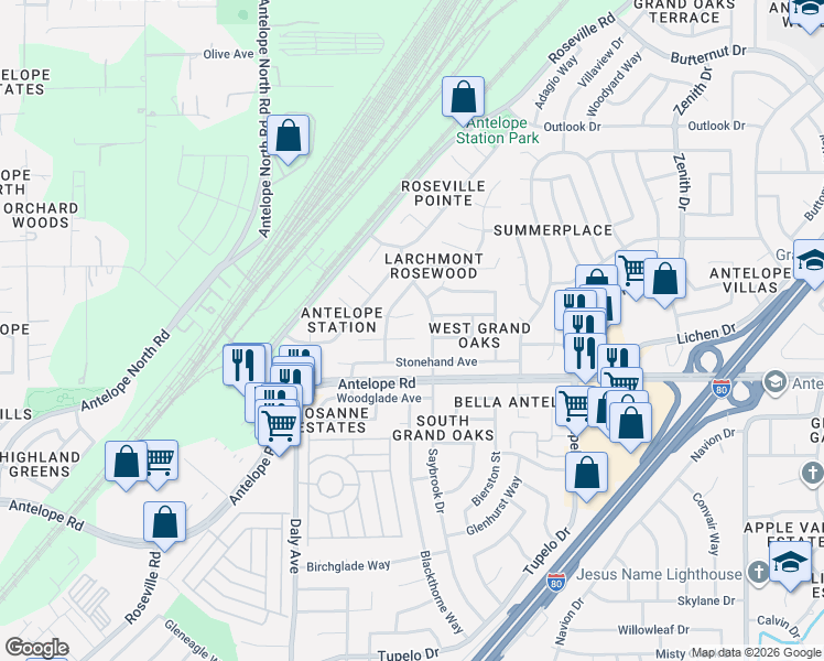 map of restaurants, bars, coffee shops, grocery stores, and more near 6117 Sandwood Court in Citrus Heights