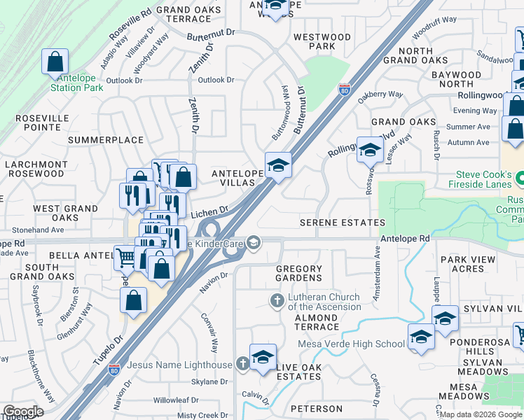 map of restaurants, bars, coffee shops, grocery stores, and more near 6900 Oak Spring Way in Citrus Heights
