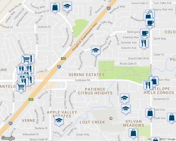 map of restaurants, bars, coffee shops, grocery stores, and more near 7837 Tabare Court in Citrus Heights