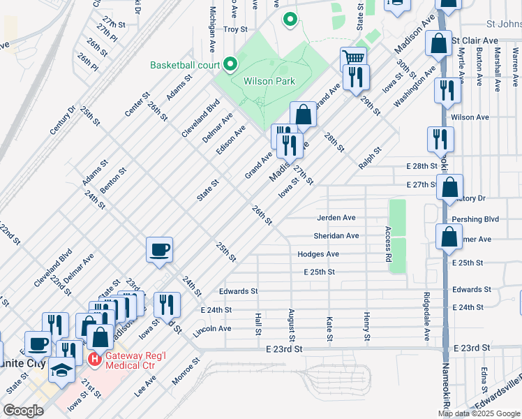 map of restaurants, bars, coffee shops, grocery stores, and more near 2605 Iowa Street in Granite City