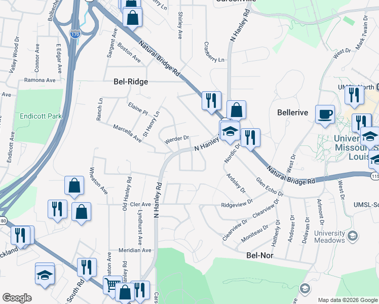 map of restaurants, bars, coffee shops, grocery stores, and more near 3328 North Hanley Road in St. Louis
