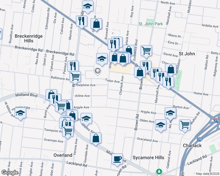 map of restaurants, bars, coffee shops, grocery stores, and more near 9065 Windom Avenue in Overland