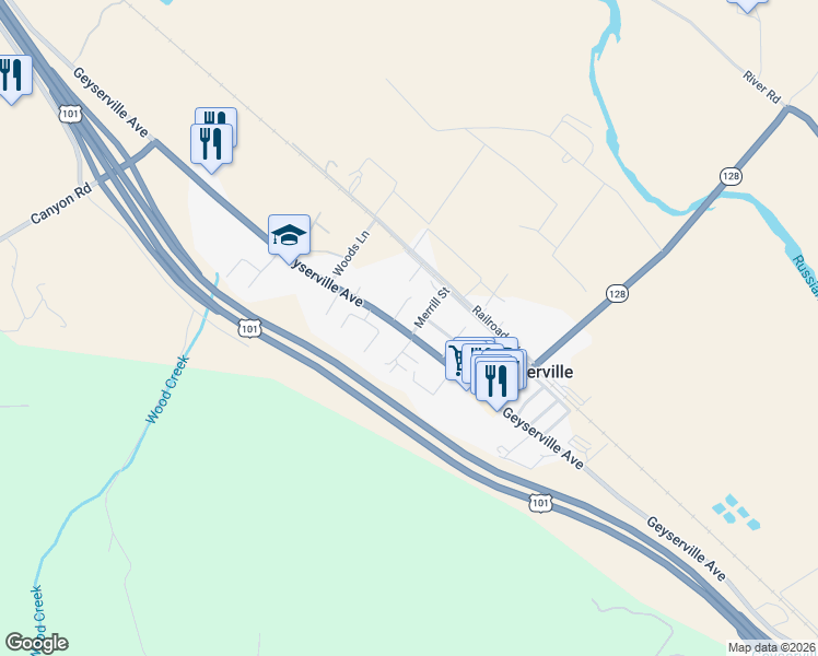 map of restaurants, bars, coffee shops, grocery stores, and more near 27 Merrill Street in Geyserville