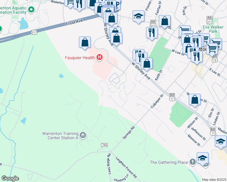 map of restaurants, bars, coffee shops, grocery stores, and more near 181 Carriage Chase Circle in Warrenton