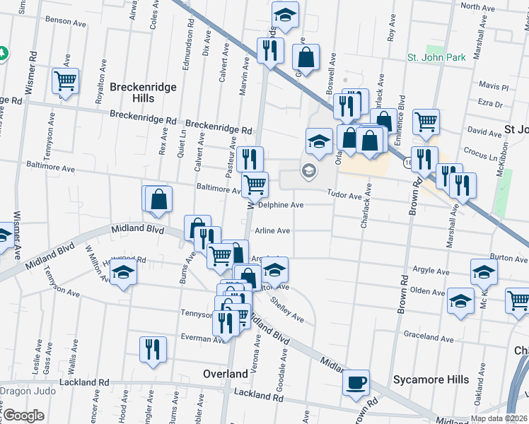map of restaurants, bars, coffee shops, grocery stores, and more near 9224 Delphine Avenue in Overland