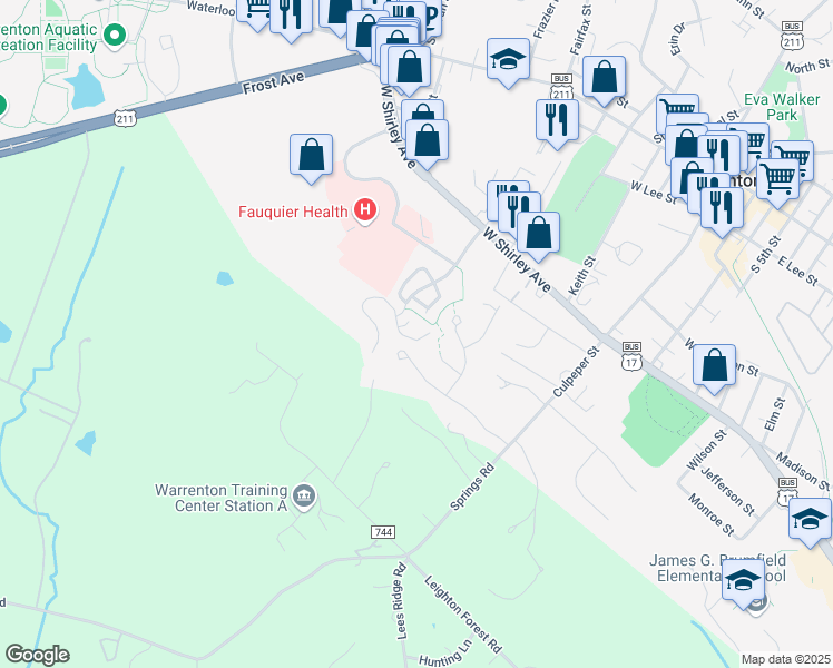 map of restaurants, bars, coffee shops, grocery stores, and more near 181 Carriage Chase Circle in Warrenton