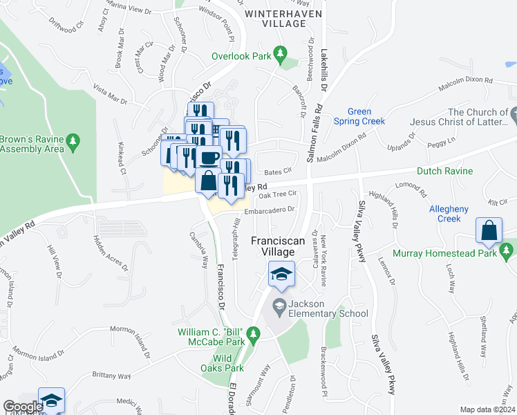 map of restaurants, bars, coffee shops, grocery stores, and more near 953 Embarcadero Drive in El Dorado Hills