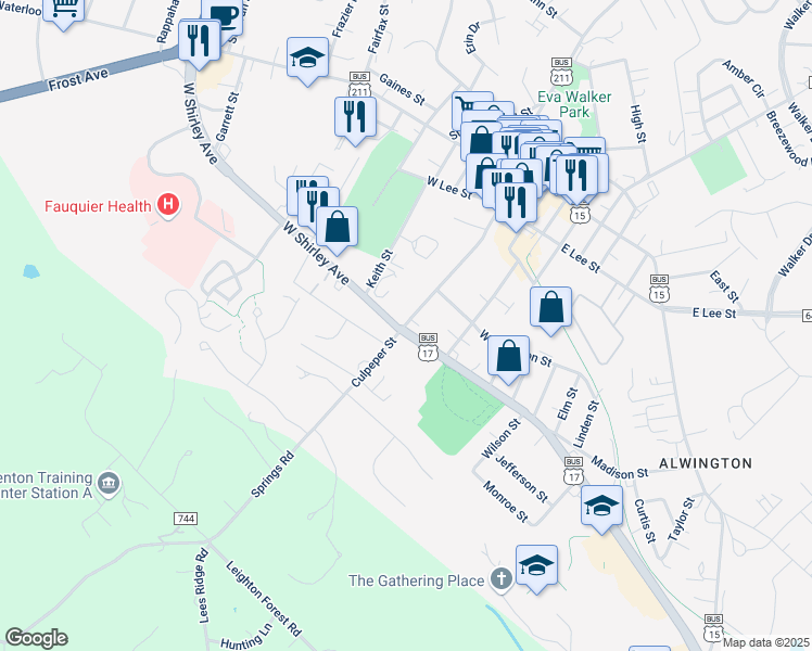 map of restaurants, bars, coffee shops, grocery stores, and more near 250 Culpeper Street in Warrenton