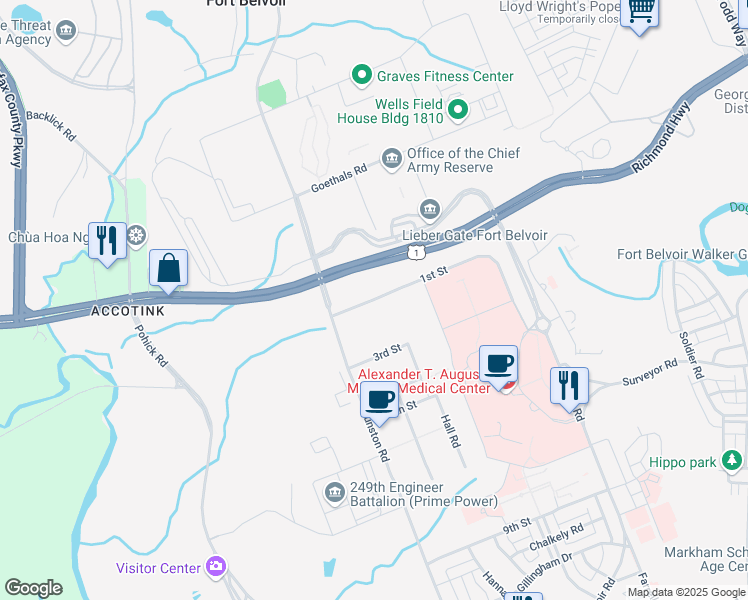 map of restaurants, bars, coffee shops, grocery stores, and more near 1st Street in Fort Belvoir