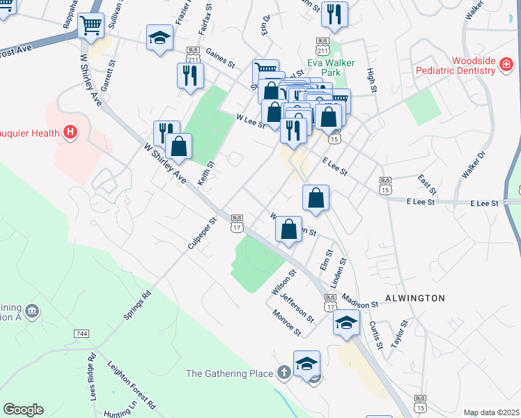 map of restaurants, bars, coffee shops, grocery stores, and more near 46 Washington Street in Warrenton