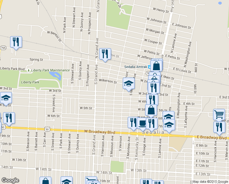 map of restaurants, bars, coffee shops, grocery stores, and more near 600 West 3rd Street in Sedalia