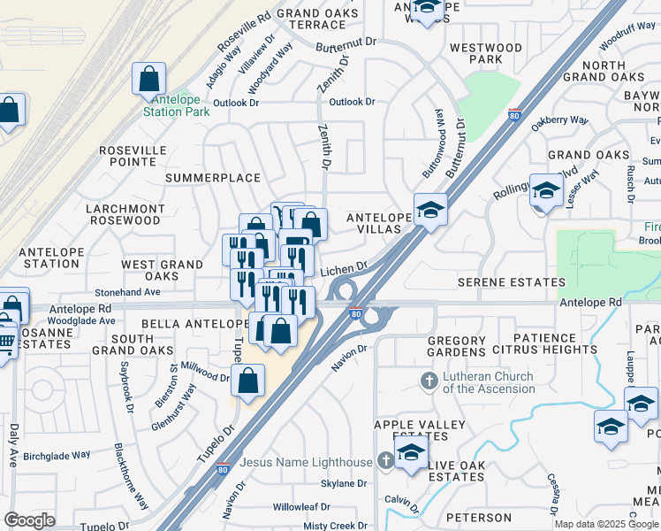 map of restaurants, bars, coffee shops, grocery stores, and more near 6604 Branchwater Way in Citrus Heights