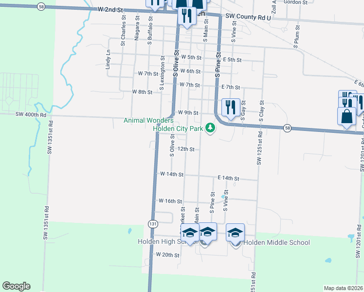 map of restaurants, bars, coffee shops, grocery stores, and more near 1102 South Market Street in Holden
