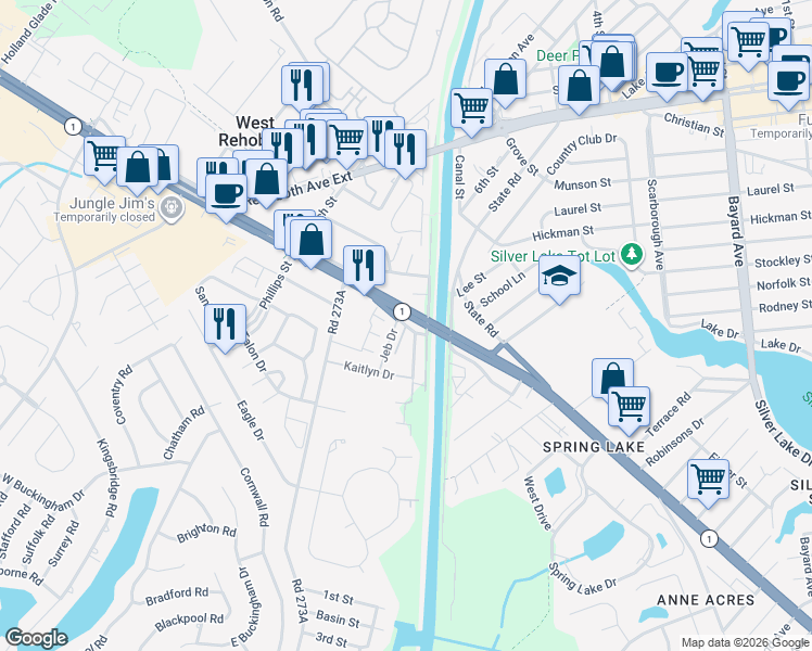 map of restaurants, bars, coffee shops, grocery stores, and more near South Timberlake Tr in Rehoboth Beach