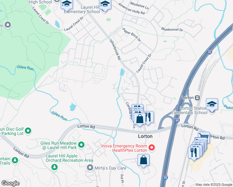 map of restaurants, bars, coffee shops, grocery stores, and more near 9220 Cardinal Forest Lane in Lorton