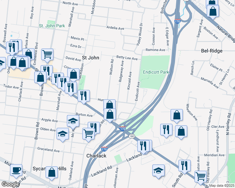 map of restaurants, bars, coffee shops, grocery stores, and more near 2921 Ridgeway Avenue in St. Louis