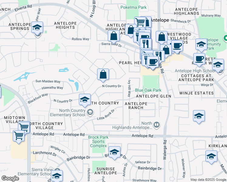 map of restaurants, bars, coffee shops, grocery stores, and more near 3941 Running Bear Way in Antelope