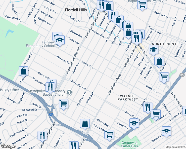 map of restaurants, bars, coffee shops, grocery stores, and more near 5461 Hamilton Avenue in Saint Louis