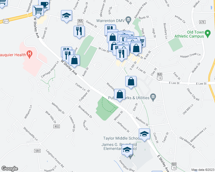 map of restaurants, bars, coffee shops, grocery stores, and more near 46 Washington Street in Warrenton