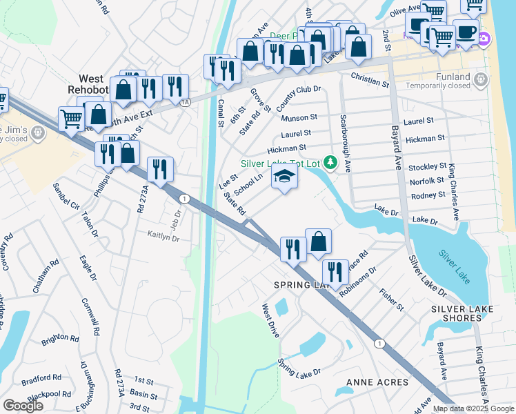 map of restaurants, bars, coffee shops, grocery stores, and more near 515 Stockley Street Extension in Rehoboth Beach