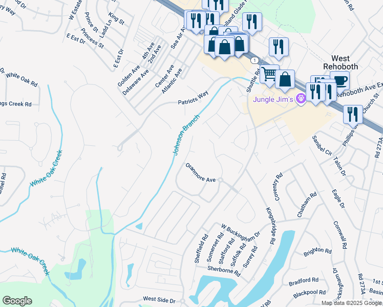 map of restaurants, bars, coffee shops, grocery stores, and more near 62 Kenmare Way in Rehoboth Beach