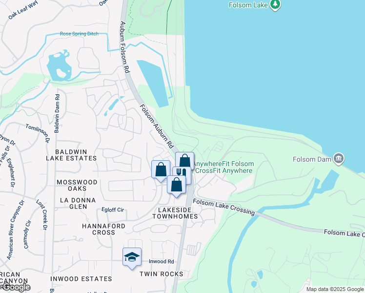map of restaurants, bars, coffee shops, grocery stores, and more near 7755 Folsom-Auburn Road in Folsom