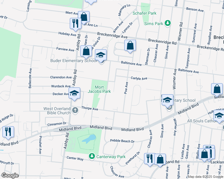 map of restaurants, bars, coffee shops, grocery stores, and more near 2887 Lesmer Court in Overland