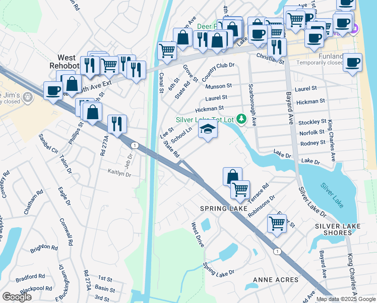 map of restaurants, bars, coffee shops, grocery stores, and more near 515 Stockley Street Extension in Rehoboth Beach