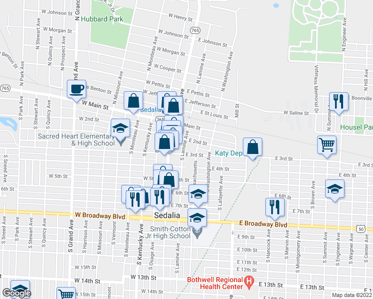 map of restaurants, bars, coffee shops, grocery stores, and more near 211 South Lamine Avenue in Sedalia