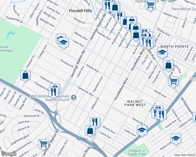 map of restaurants, bars, coffee shops, grocery stores, and more near 5469 Hamilton Avenue in Jennings
