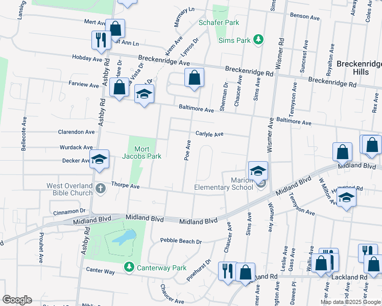map of restaurants, bars, coffee shops, grocery stores, and more near 29 Gocke Place in Overland