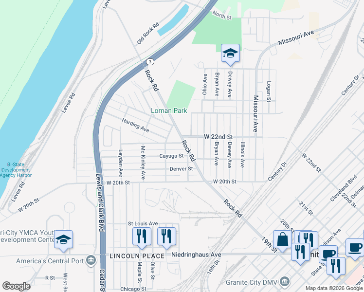 map of restaurants, bars, coffee shops, grocery stores, and more near 2605 West 22nd Street in Granite City