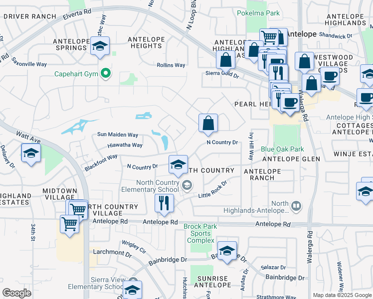 map of restaurants, bars, coffee shops, grocery stores, and more near 3812 Blackfoot Way in Antelope