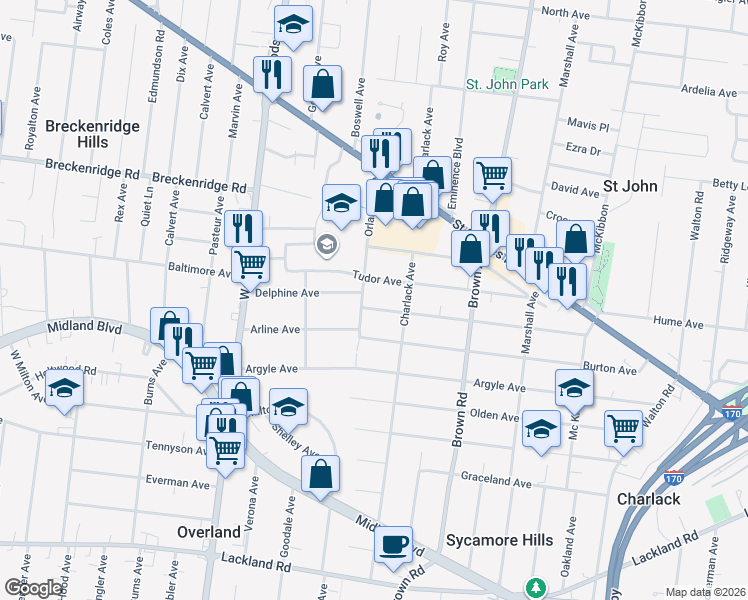 map of restaurants, bars, coffee shops, grocery stores, and more near 9065 Windom Avenue in Overland