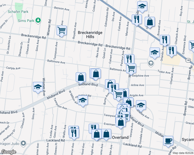 map of restaurants, bars, coffee shops, grocery stores, and more near 2735 Annapolis Avenue in Overland