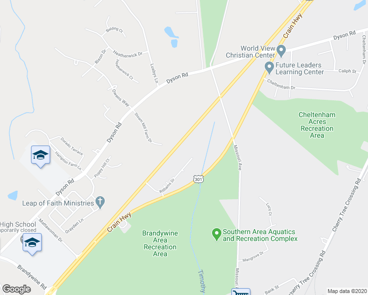 map of restaurants, bars, coffee shops, grocery stores, and more near 13108 Crain Hwy in Brandywine