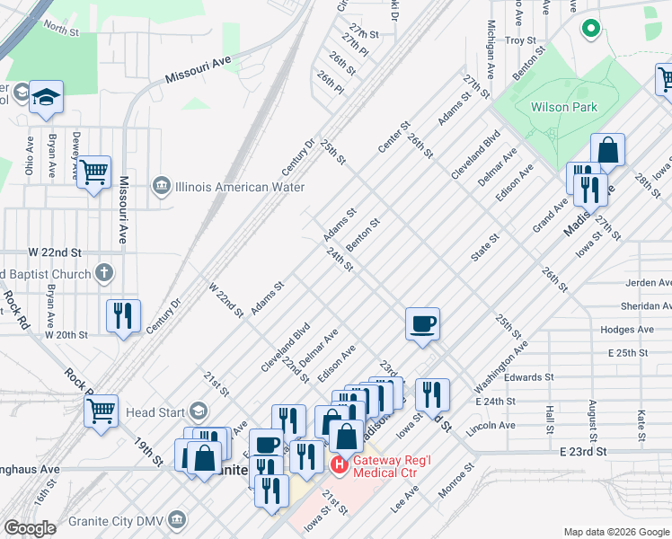map of restaurants, bars, coffee shops, grocery stores, and more near 2330 Benton Street in Granite City