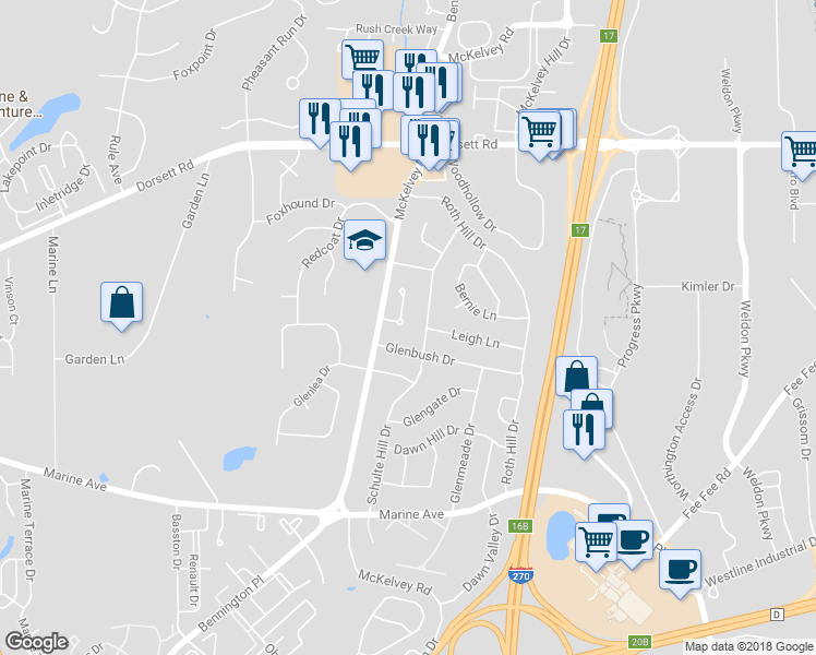 map of restaurants, bars, coffee shops, grocery stores, and more near 1702 Parkway Acres Court in Maryland Heights