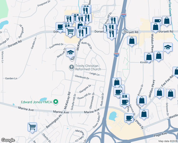 map of restaurants, bars, coffee shops, grocery stores, and more near 12437 Leigh Lane in Maryland Heights