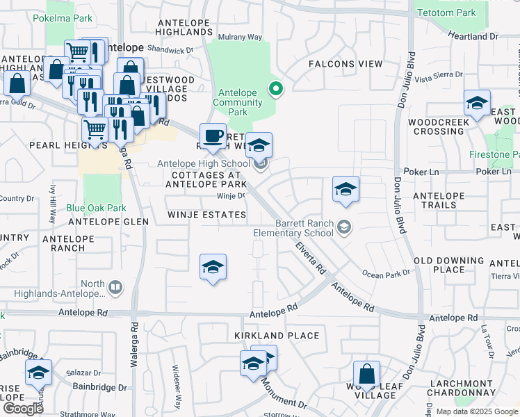 map of restaurants, bars, coffee shops, grocery stores, and more near 7761 Oceano Court in Antelope
