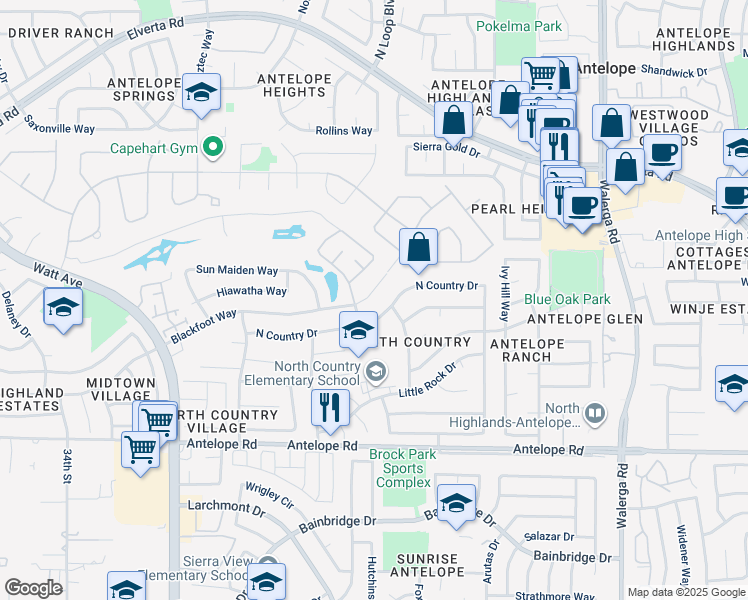 map of restaurants, bars, coffee shops, grocery stores, and more near 3812 Blackfoot Way in Antelope