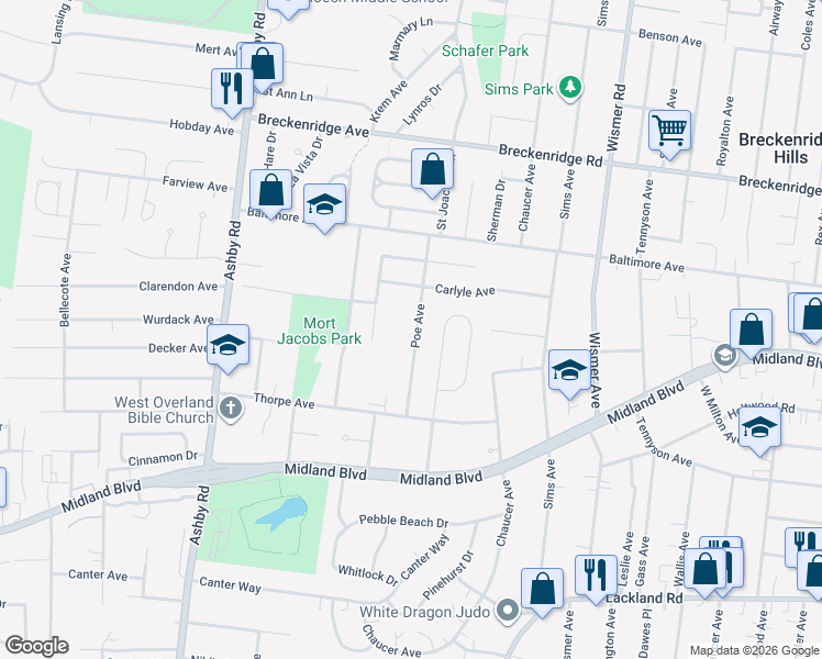 map of restaurants, bars, coffee shops, grocery stores, and more near 2885 Poe Avenue in Overland