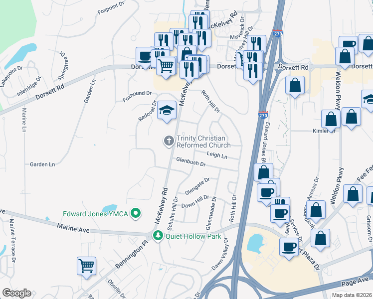map of restaurants, bars, coffee shops, grocery stores, and more near 1702 Parkway Acres Court in Maryland Heights