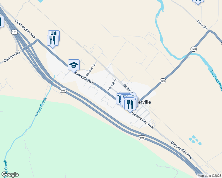 map of restaurants, bars, coffee shops, grocery stores, and more near 27 Merrill Street in Geyserville