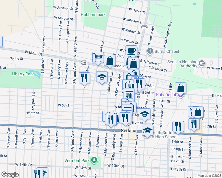 map of restaurants, bars, coffee shops, grocery stores, and more near 308 West 3rd Street in Sedalia