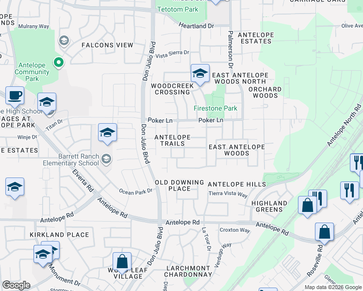 map of restaurants, bars, coffee shops, grocery stores, and more near 7801 Caribou Ridge Way in Antelope