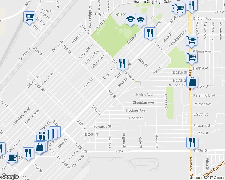 map of restaurants, bars, coffee shops, grocery stores, and more near 2605 Iowa Street in Granite City