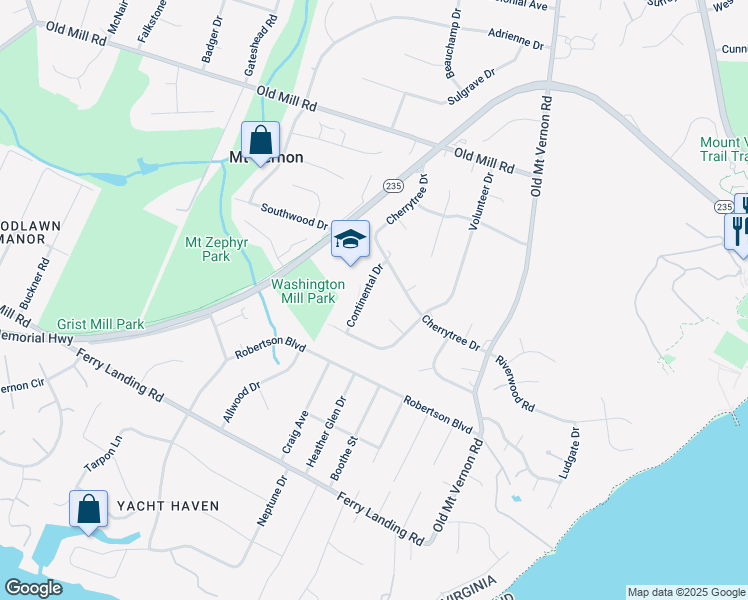 map of restaurants, bars, coffee shops, grocery stores, and more near 9123 Continental Drive in Alexandria