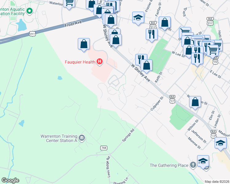 map of restaurants, bars, coffee shops, grocery stores, and more near 179 Carriage Chase Circle in Warrenton