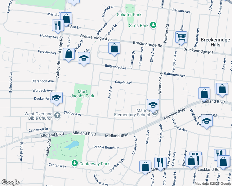 map of restaurants, bars, coffee shops, grocery stores, and more near 29 Gocke Place in Overland
